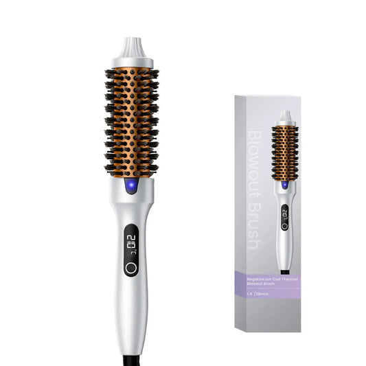 1.5Inch Ionic Blowout Brush, Anti-Frizz Hair round Straightener Curling Thermal Brush Curl Heated Dual Voltage